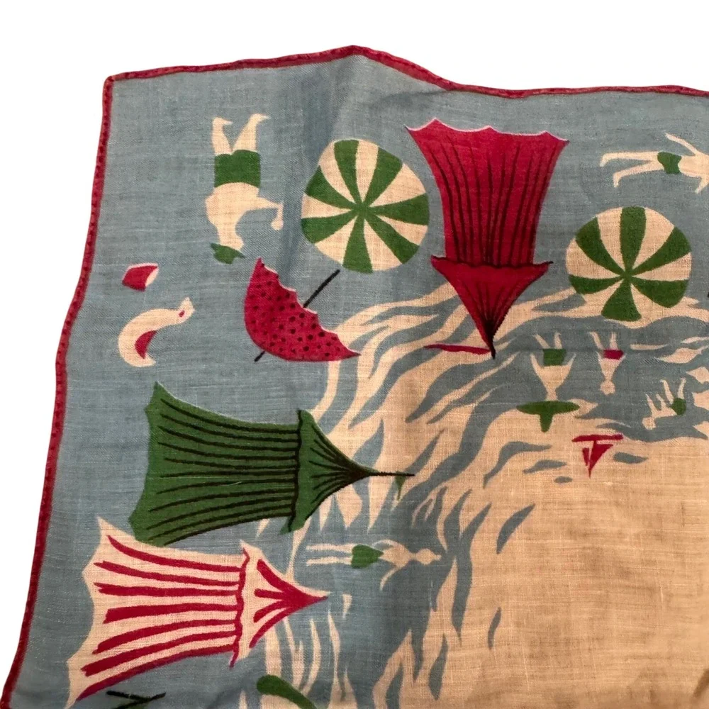 Rare Signed Vintage Tammis Keefe‎ Cotton Handkerchief Whimsical Beach Scene